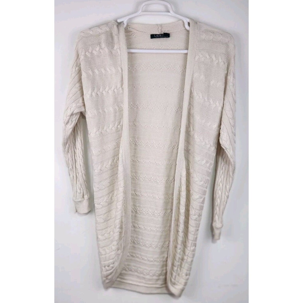 Lauren Ralph Lauren Cardigan Womens S/M Cream Cable Knit Open Front Longline